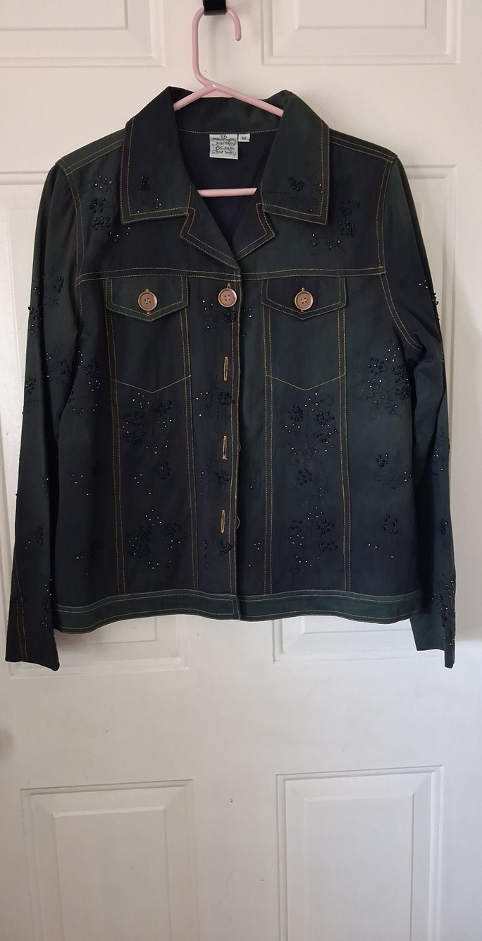 Beaded Dark Green Women's Jacket - Classic Button-Front